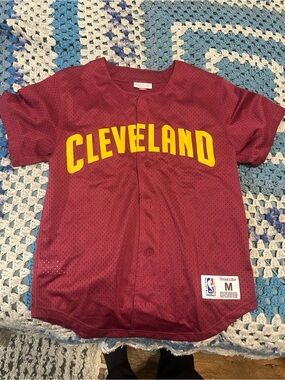Mitchell and Ness Cleveland Cavaliers Maroon Baseball Jersey w/Yellow Lettering